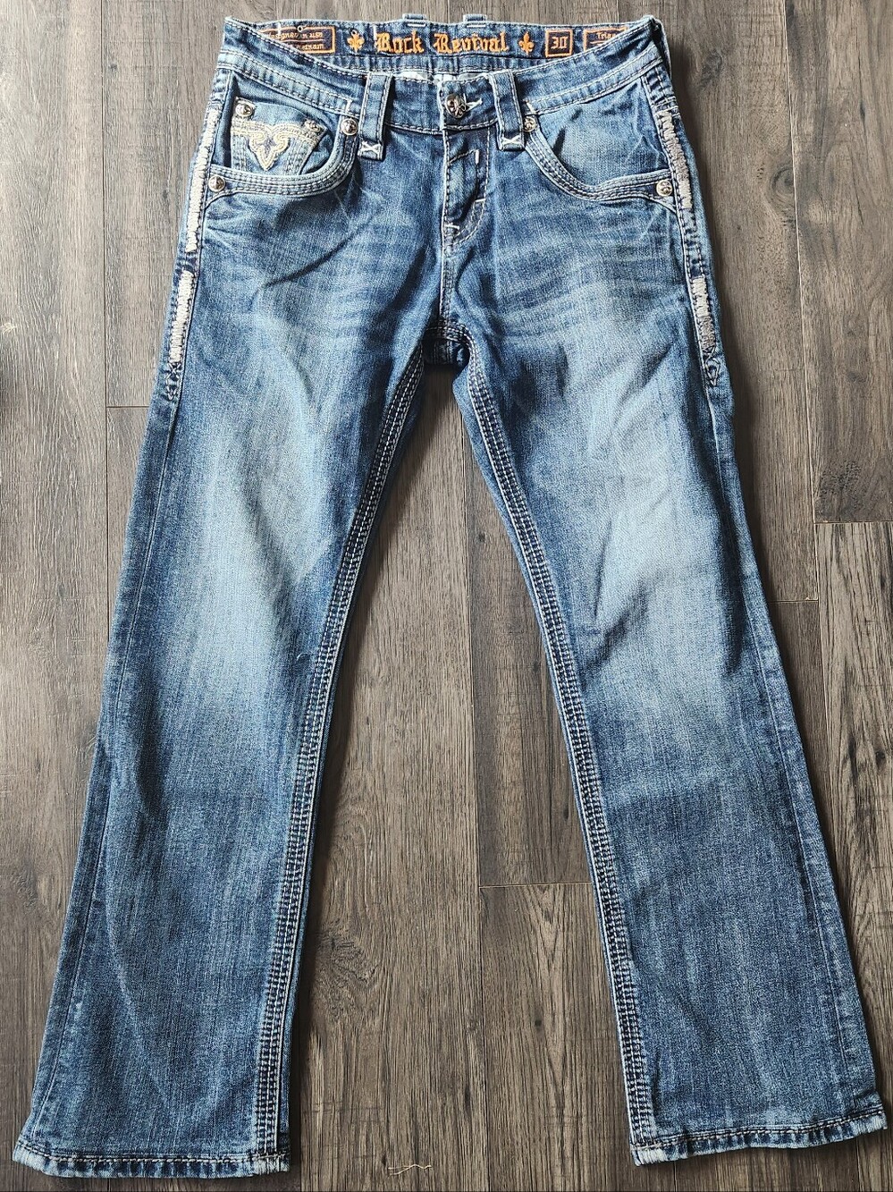 Y2K Rock Revival Men's Medium Blue Straight Leg Jeans with Embellished Pockets